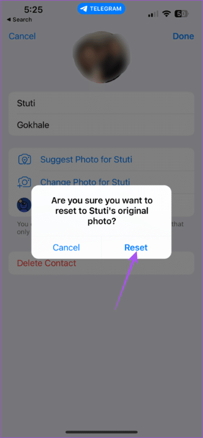 reset-photo-to-original-telegram-iphone-474x1024-1 كيفية تعيين صورة ملف تعريف مخصصة لجهات الاتصال على Telegram على سطح المكتب والجوال