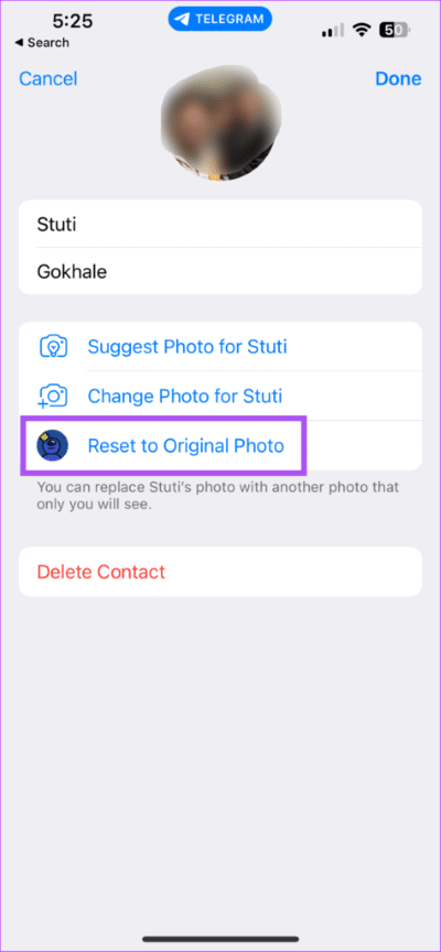 reset-to-original-photo-telegram-iphone-474x1024-1 كيفية تعيين صورة ملف تعريف مخصصة لجهات الاتصال على Telegram على سطح المكتب والجوال