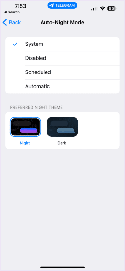 system-auto-night-mode-settings-telegram-474x1024-1 أفضل 5 إصلاحات لعدم عمل الوضع الداكن في Telegram على iPhone