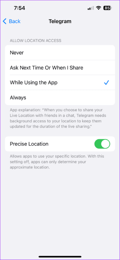 telegram-location-settings-iphone-473x1024-1 أفضل 5 إصلاحات لعدم عمل الوضع الداكن في Telegram على iPhone