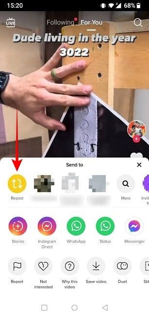 tiktok-repost-repost-from-menu كيفية إعادة النشر على TikTok لمشاركة مقاطع الفيديو