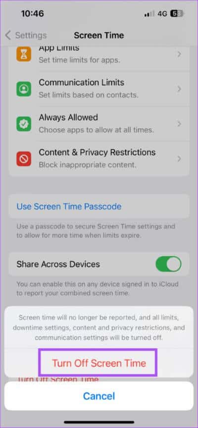 turn-off-screen-time-confirm-iphone-474x1024-1 أفضل 6 إصلاحات لـ "التعيين تلقائيًا" للتاريخ والوقت غير نشط وباللون الرمادي على iPhone