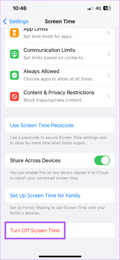 turn-off-screen-time-iphone-474x1024-1 أفضل 6 إصلاحات لـ "التعيين تلقائيًا" للتاريخ والوقت غير نشط وباللون الرمادي على iPhone