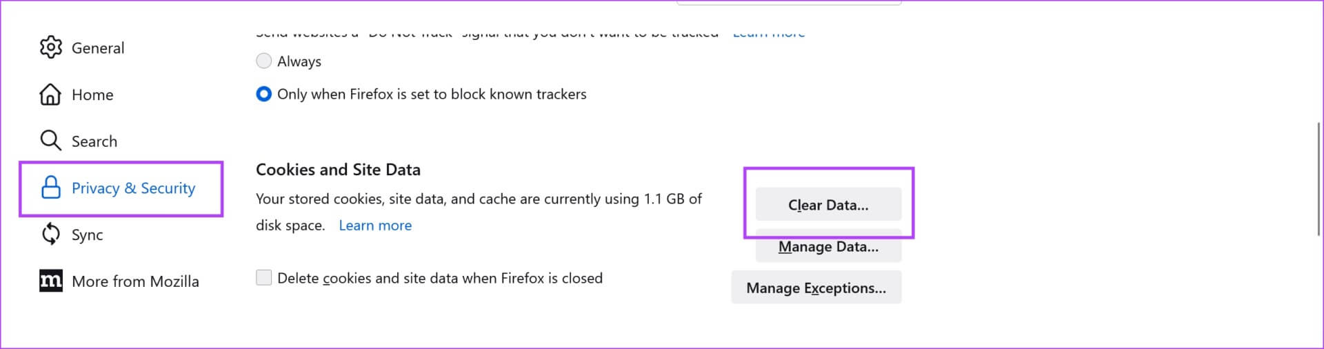 Clear-Data-Firefox 8 طرق لإصلاح خطأ "ChatGPT Is at Capacity Right Now"