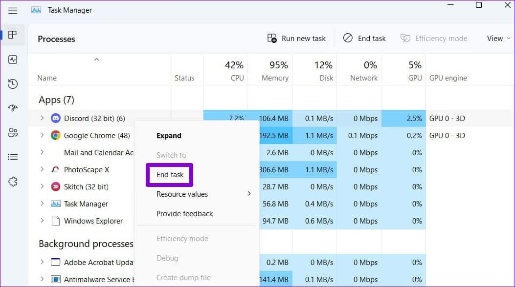 Close-Discord-Using-Task-Manager أفضل 7 طرق لإصلاح عدم عمل بحث Discord على Windows