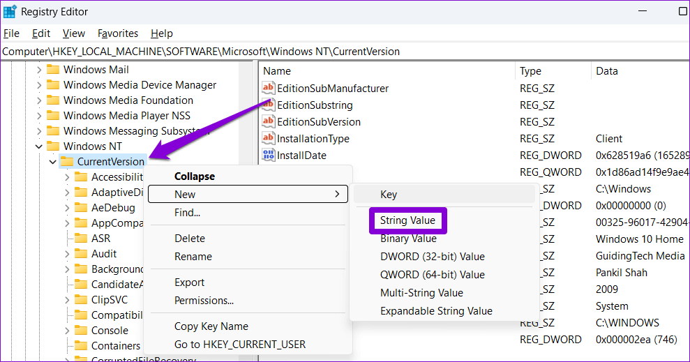 Create-New-String-Key-in-Registry-Editor كيفية التحقق من أو تغيير اسم المالك والمؤسسة المسجلين في Windows 11