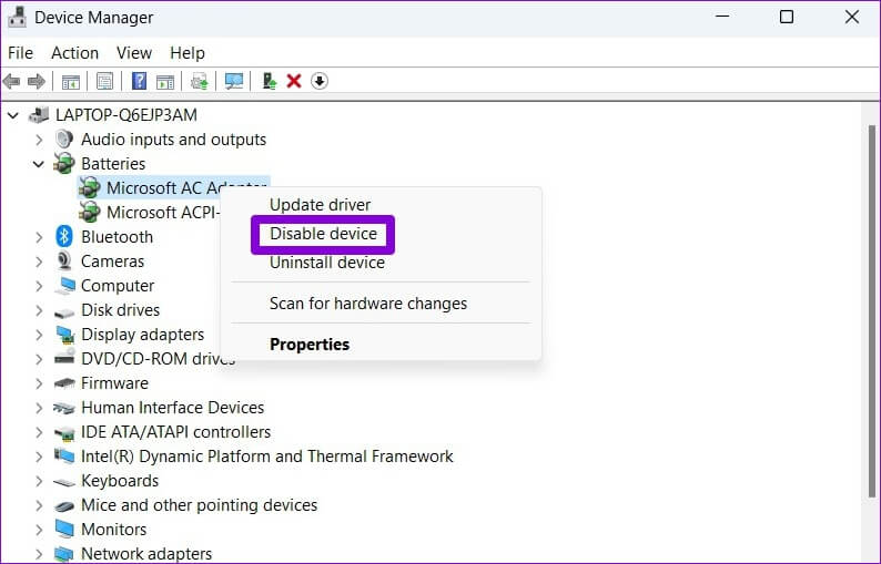Disable-Battery-Adapter-1 أفضل 6 طرق لإصلاح ظهور نسبة البطارية بشكل خاطئ على الكمبيوتر المحمول Windows 11