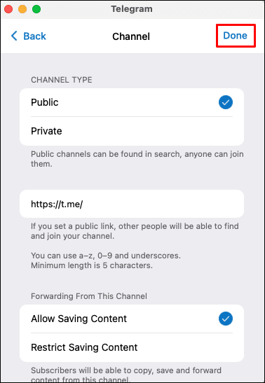 Done كيفية إنشاء قناة في Telegram