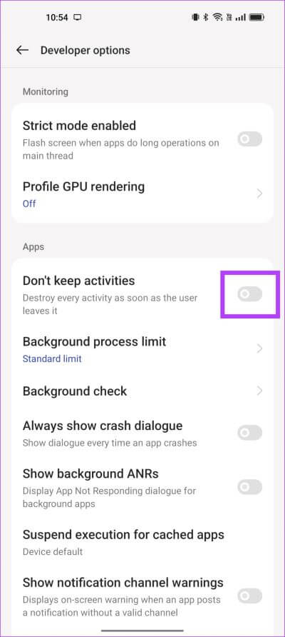 Dont-Keep-Activities- كيفية تمكين أو تعطيل التشغيل التلقائي لتطبيقات Android