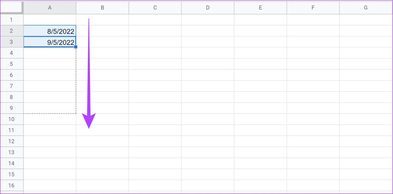 Drag-to-Desired-Cell-1536x759-1 3 طرق سهلة لإضافة التواريخ تلقائيًا في Google Sheets