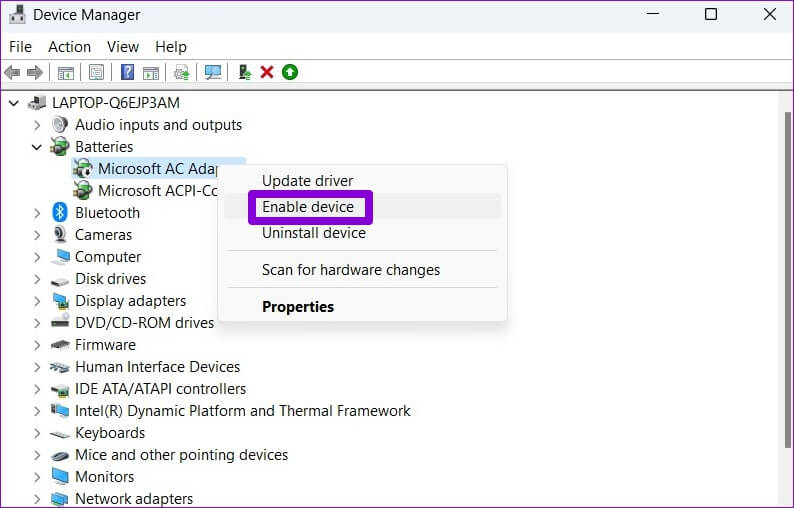 Enable-Battery-Adapter-2 أفضل 6 طرق لإصلاح ظهور نسبة البطارية بشكل خاطئ على الكمبيوتر المحمول Windows 11