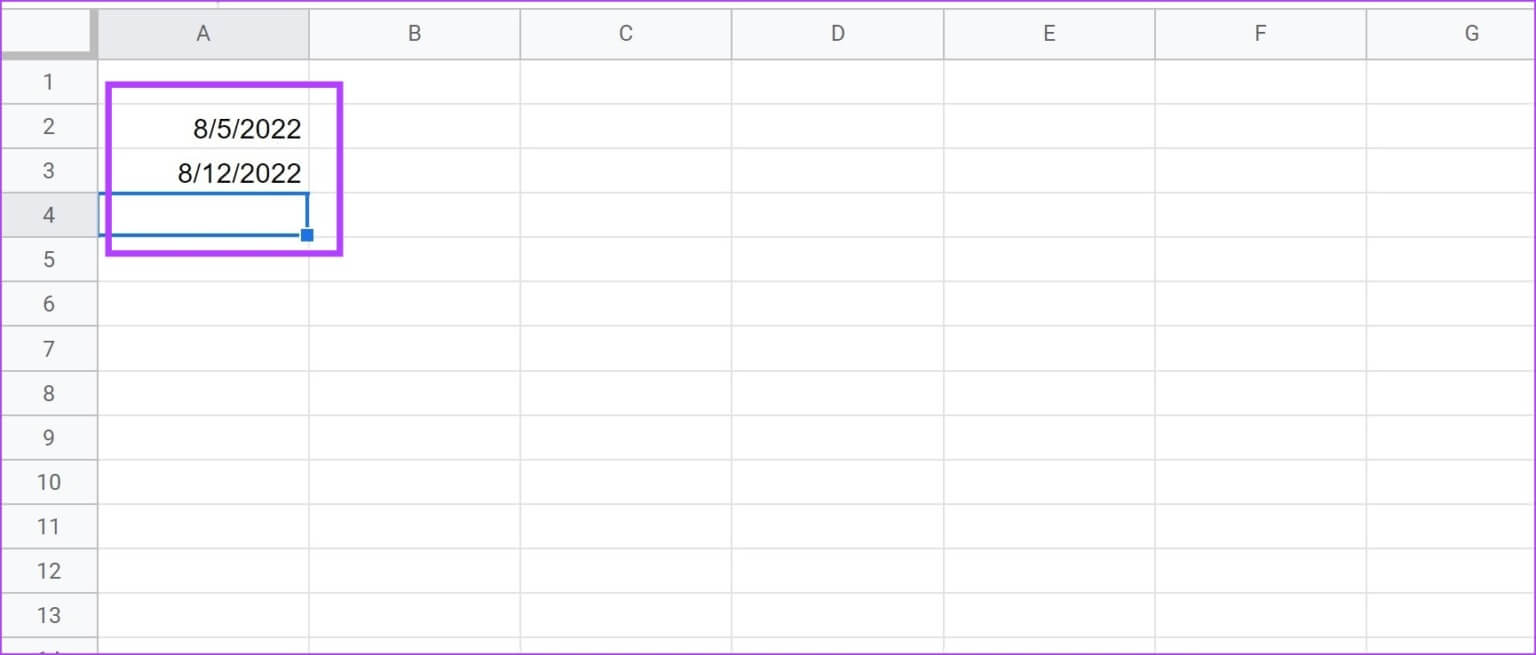 Enter-Two-Dates-Which-are-a-Week-Apart-1536x655-1 3 طرق سهلة لإضافة التواريخ تلقائيًا في Google Sheets