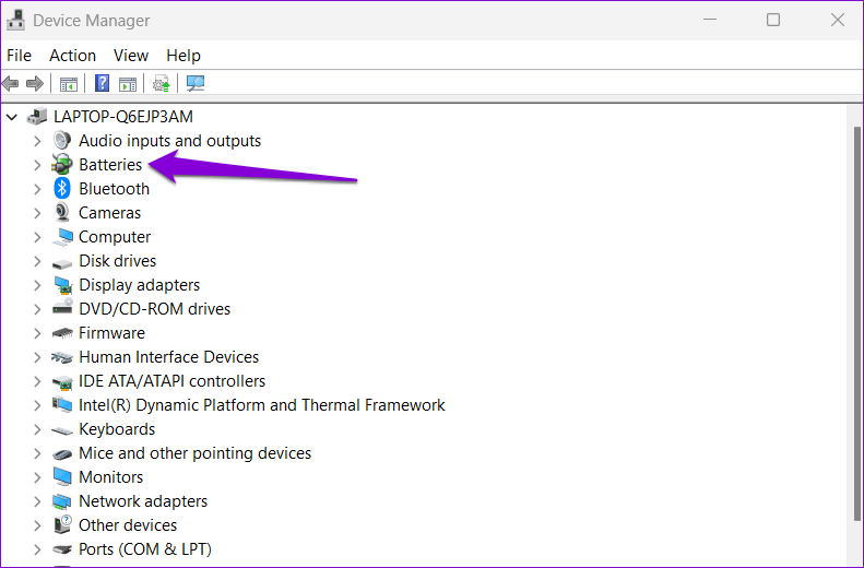 Expand-Batteries-in-Device-Manager-1 أفضل 6 طرق لإصلاح ظهور نسبة البطارية بشكل خاطئ على الكمبيوتر المحمول Windows 11