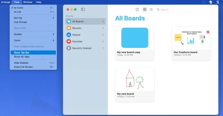 Freeform-Mac-View-Show-Tab-Bar-768x400.jpg كيفية استخدام تطبيق Apple Freeform على iPhone و iPad و Mac