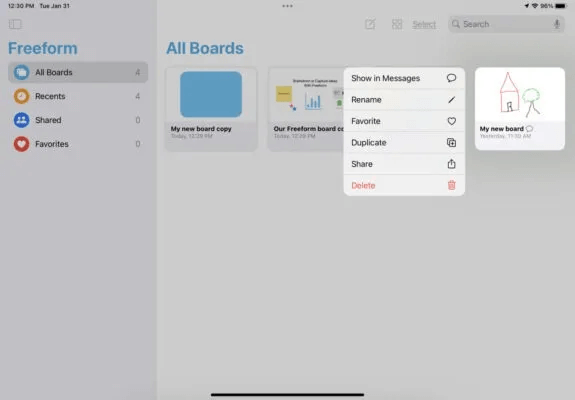Freeform-iPad-Multiple-Boards-Actions-575x400.jpg كيفية استخدام تطبيق Apple Freeform على iPhone و iPad و Mac