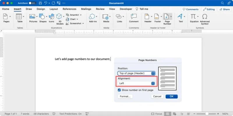 Insert-Page-Number-Alignment-Mac-800x401.jpg كيفية إضافة وتنسيق أرقام الصفحات في Word