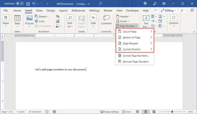 Insert-Page-Number-Location-Windows-800x463.jpg كيفية إضافة وتنسيق أرقام الصفحات في Word