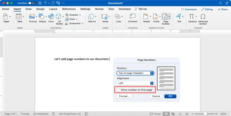 Insert-Page-Number-No-Show-First-Page-Mac-1-800x401.jpg كيفية إضافة وتنسيق أرقام الصفحات في Word