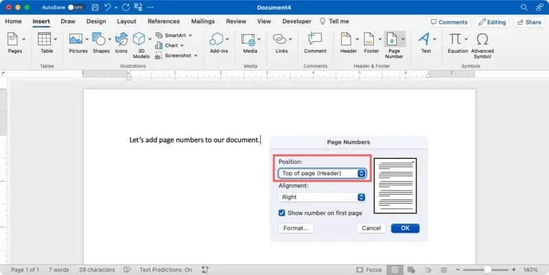 Insert-Page-Number-Position-Mac-800x401.jpg كيفية إضافة وتنسيق أرقام الصفحات في Word
