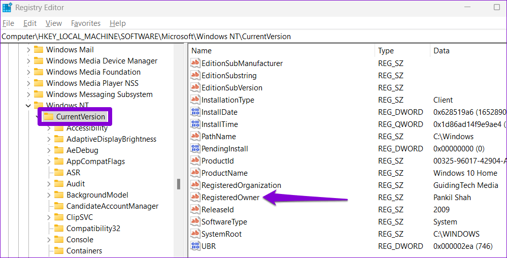 Registered-Owner-String-Value كيفية التحقق من أو تغيير اسم المالك والمؤسسة المسجلين في Windows 11