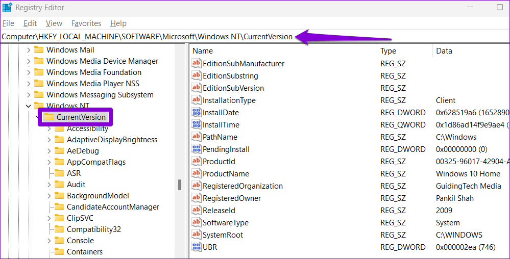 Registry-Editor-Window-3 كيفية التحقق من أو تغيير اسم المالك والمؤسسة المسجلين في Windows 11