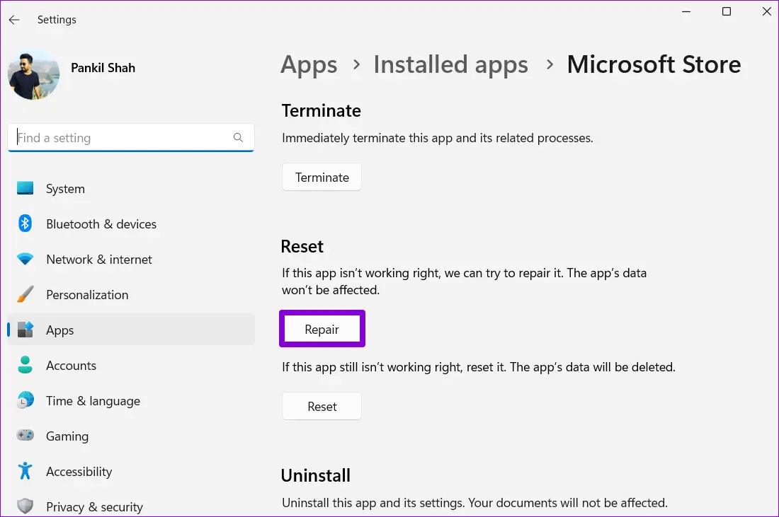 Repair-Microsoft-Store-3 أفضل 7 طرق لإصلاح استمرار ظهور تطبيقات Microsoft Store على Windows 11