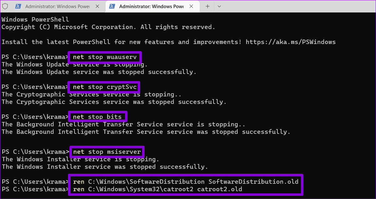 Reset-Windows-Update-Components أفضل 7 طرق لإصلاح استمرار ظهور تطبيقات Microsoft Store على Windows 11