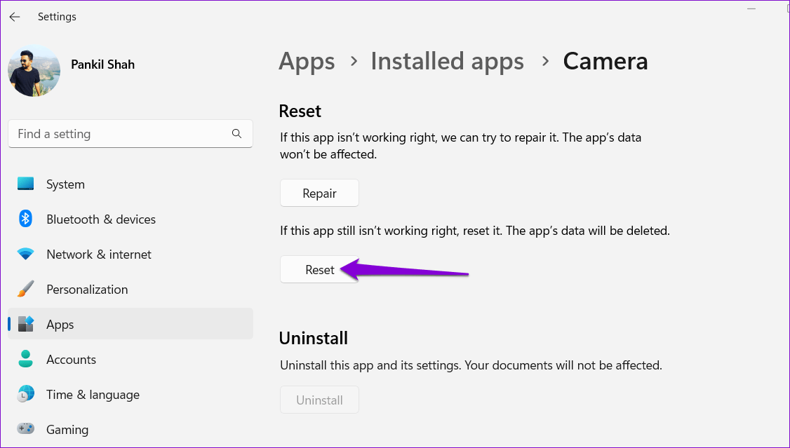 Reset-the-Camera-App-on-Windows أفضل 7 طرق لإصلاح خطأ جميع الكاميرات محجوزة في Windows 11
