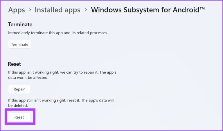 Reset-wsa-768x452-1 أفضل 7 طرق لإصلاح عدم عمل نظام Windows الفرعي لـ Android على Windows 11