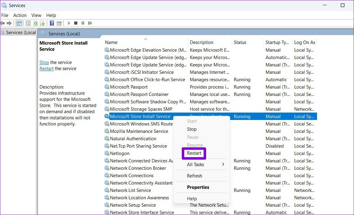 Restart-Microsoft-Store-Install-Service أفضل 7 طرق لإصلاح استمرار ظهور تطبيقات Microsoft Store على Windows 11