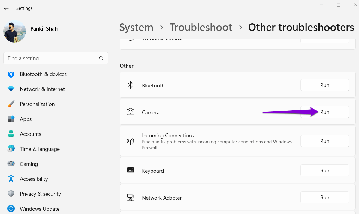 Run-Camera-Troubleshooter-on-Windows-11 أفضل 7 طرق لإصلاح خطأ جميع الكاميرات محجوزة في Windows 11