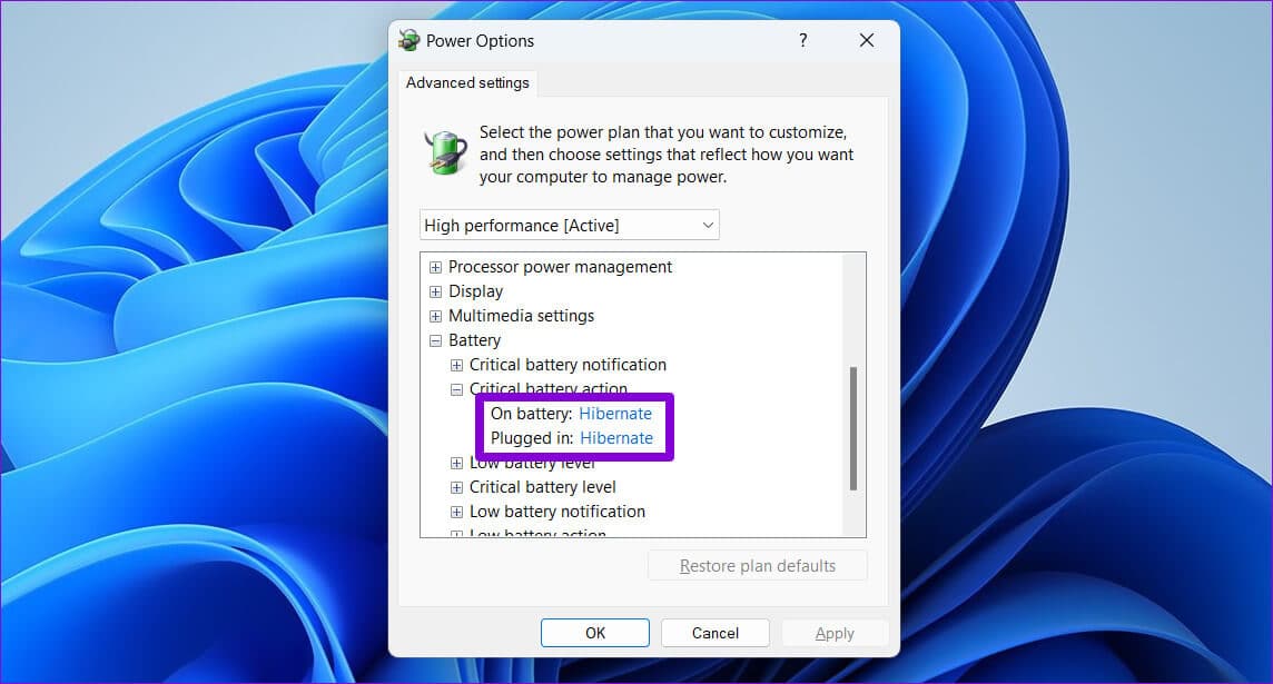 Set-Critical-Battery-Action-on-Windows-11 أفضل 6 طرق لإصلاح ظهور نسبة البطارية بشكل خاطئ على الكمبيوتر المحمول Windows 11