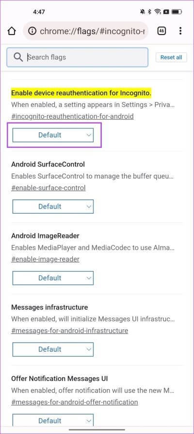 Tap-on-Drop-Down-Menu-for-Flag كيفية قفل علامات تبويب التصفح المتخفي في Google Chrome على Android وسطح المكتب