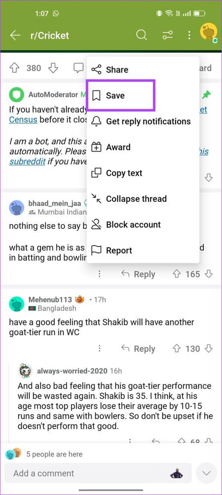 Tap-on-Save-Comment كيفية مشاهدة المنشورات والتعليقات المحفوظة على Reddit (الكمبيوتر الشخصي والجوال)