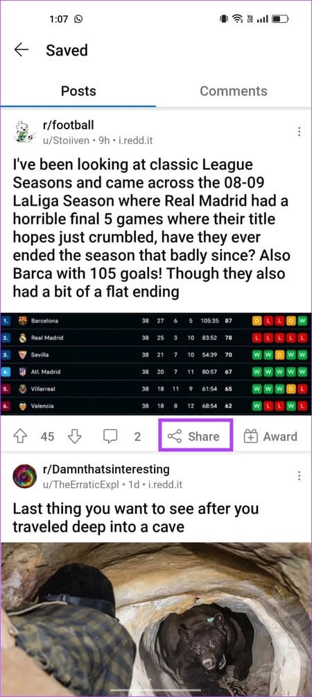 Tap-on-Share-on-Saved-Post كيفية مشاهدة المنشورات والتعليقات المحفوظة على Reddit (الكمبيوتر الشخصي والجوال)