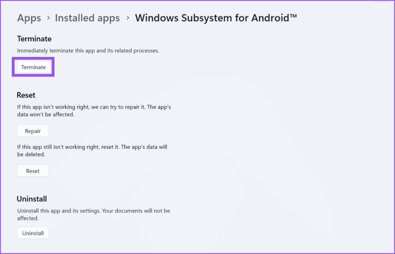 Terminate-WSA-3-768x494-1 أفضل 7 طرق لإصلاح عدم عمل نظام Windows الفرعي لـ Android على Windows 11