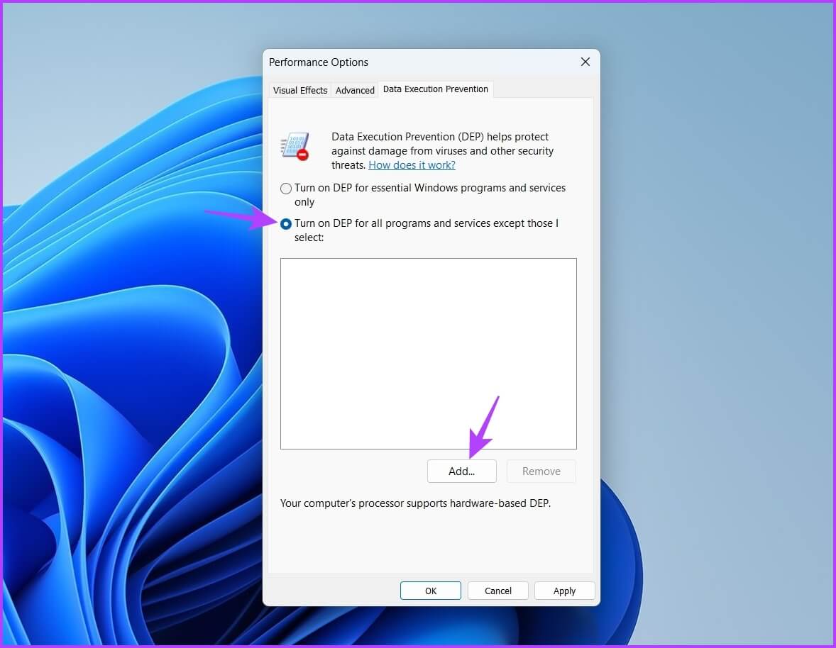 Turn-on-DEP-for-all-programs-and-services-except-those-I-select كيفية إصلاح خطأ استثناء انتهاك الوصول على Windows 11