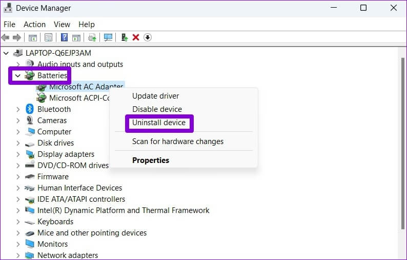 Uninstall-Battery-Driver-on-Windows-1 أفضل 6 طرق لإصلاح ظهور نسبة البطارية بشكل خاطئ على الكمبيوتر المحمول Windows 11
