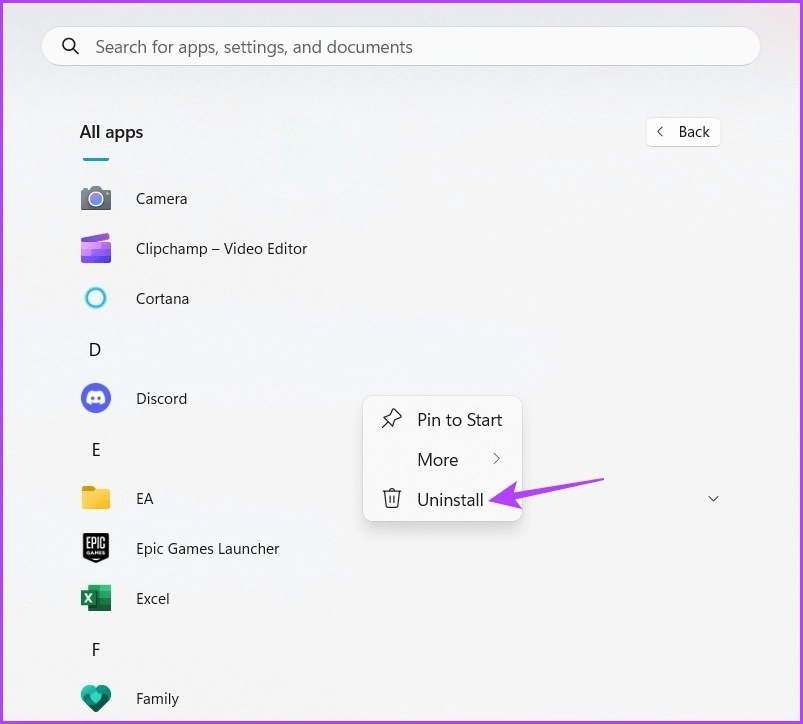 Uninstall-in-Start-Menu 5 طرق سريعة لإلغاء تثبيت البرامج على Windows 11