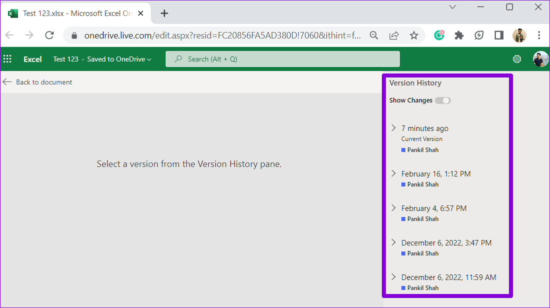 Version-History-Panel-in-Excel-for-Web كيفية استخدام سجل الإصدارات في Microsoft Excel