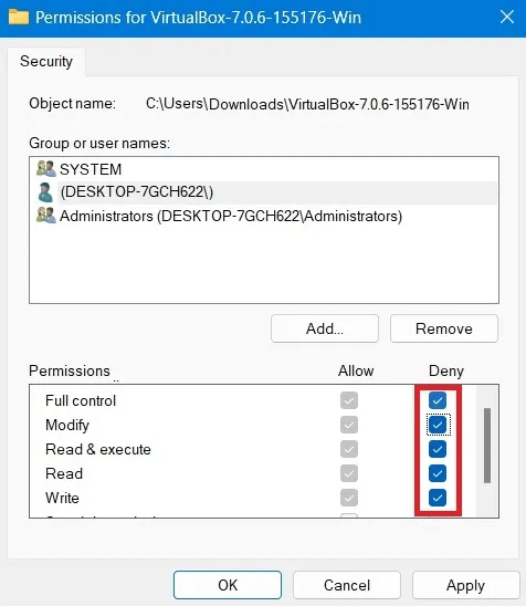 Windows-Access-Specified-Device-Checkmarks-in-Deny-Column.jpg كيفية إصلاح خطأ "يتعذر على Windows الوصول إلى مسار الجهاز أو الملف المحدد"
