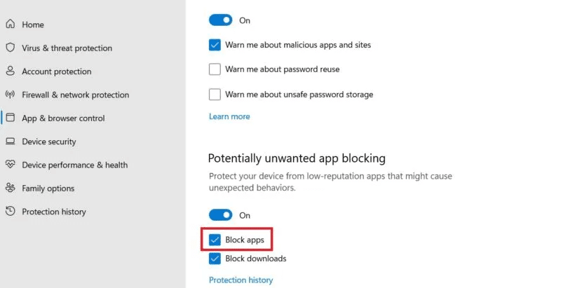 Windows-Access-Specified-Device-Uncheck-Block-Apps-Reputation-based-Protection-800x411.jpg كيفية إصلاح خطأ "يتعذر على Windows الوصول إلى مسار الجهاز أو الملف المحدد"