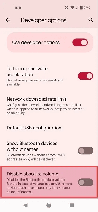absolute-bluetooth-volume-toggle-off.jpg مشاكل الصوت على Android؟ قم بتعطيل صوت Bluetooth المطلق لإصلاحه