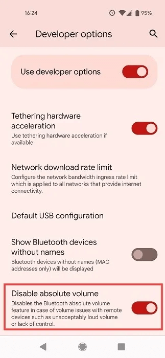 absolute-bluetooth-volume-toggle-on.jpg مشاكل الصوت على Android؟ قم بتعطيل صوت Bluetooth المطلق لإصلاحه