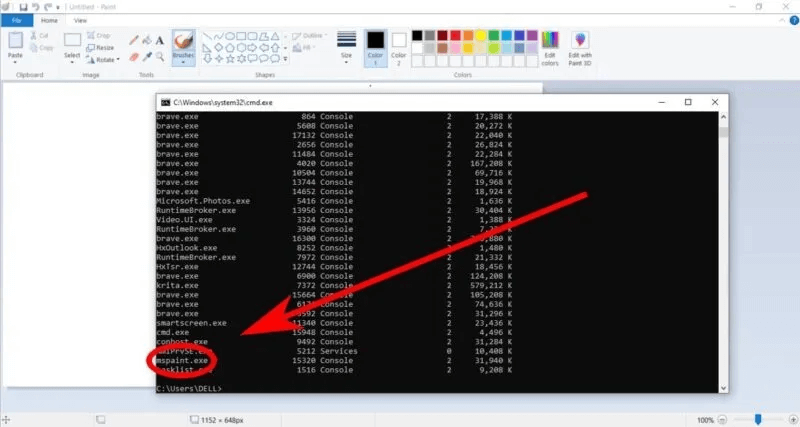 command-prompt-tasklist-over-ms-paint-with-arrow-pointing-at-mspaint-exe-screenshot-800x427.jpg كيفية فرض إنهاء البرامج غير المستجيبة في Windows بسهولة