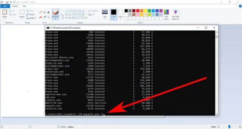 command-prompt-tasklist-over-ms-paint-with-arrow-pointing-at-taskkill-im-mspaint-exe-f-screenshot-800x427.jpg كيفية فرض إنهاء البرامج غير المستجيبة في Windows بسهولة