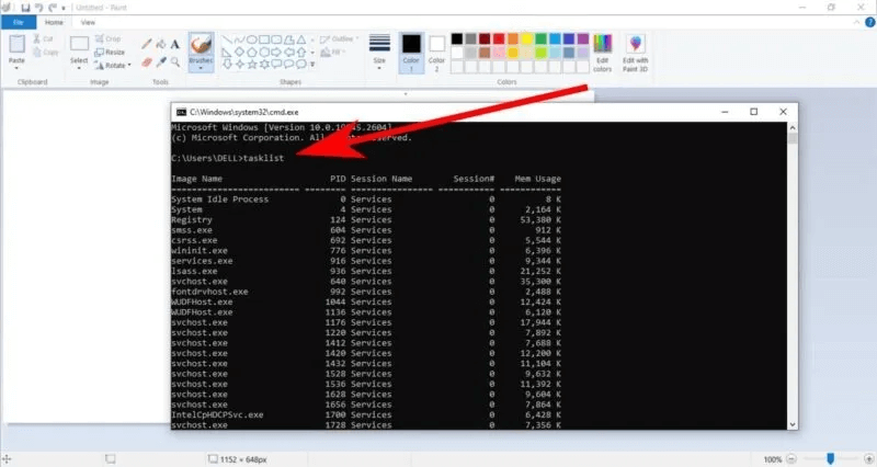 command-prompt-tasklist-over-ms-paint-with-arrow-screenshot-800x426.jpg كيفية فرض إنهاء البرامج غير المستجيبة في Windows بسهولة