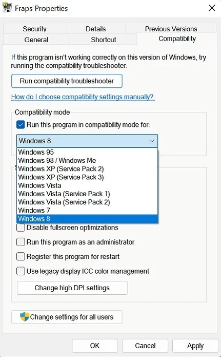 compatibility-mode-windows-version.jpg كيفية إصلاح خطأ "استثناء انتهاك الوصول" على Windows