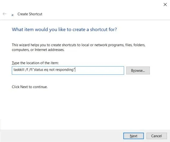 create-shortcut-wizard-typing-taskkill-command-for-unresponsive-applications-screenshot.jpg كيفية فرض إنهاء البرامج غير المستجيبة في Windows بسهولة