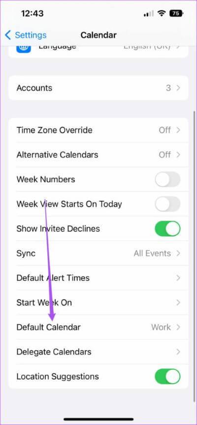 default-calendar-settings-calendar-app-iphoe-474x1024-1 أفضل 8 إصلاحات لعدم تزامن تطبيق Calendar مع Outlook على iPhone